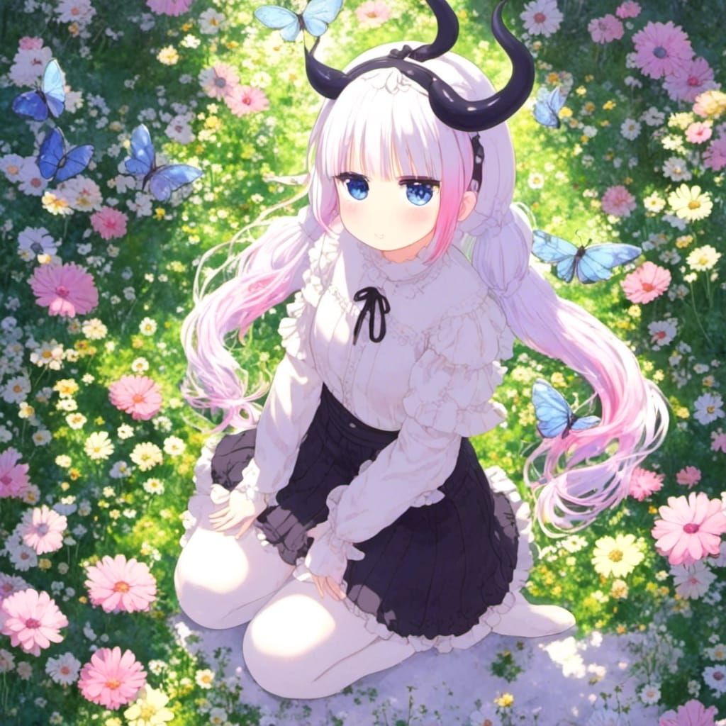 Anime Girl in Flower Garden with Butterflies
