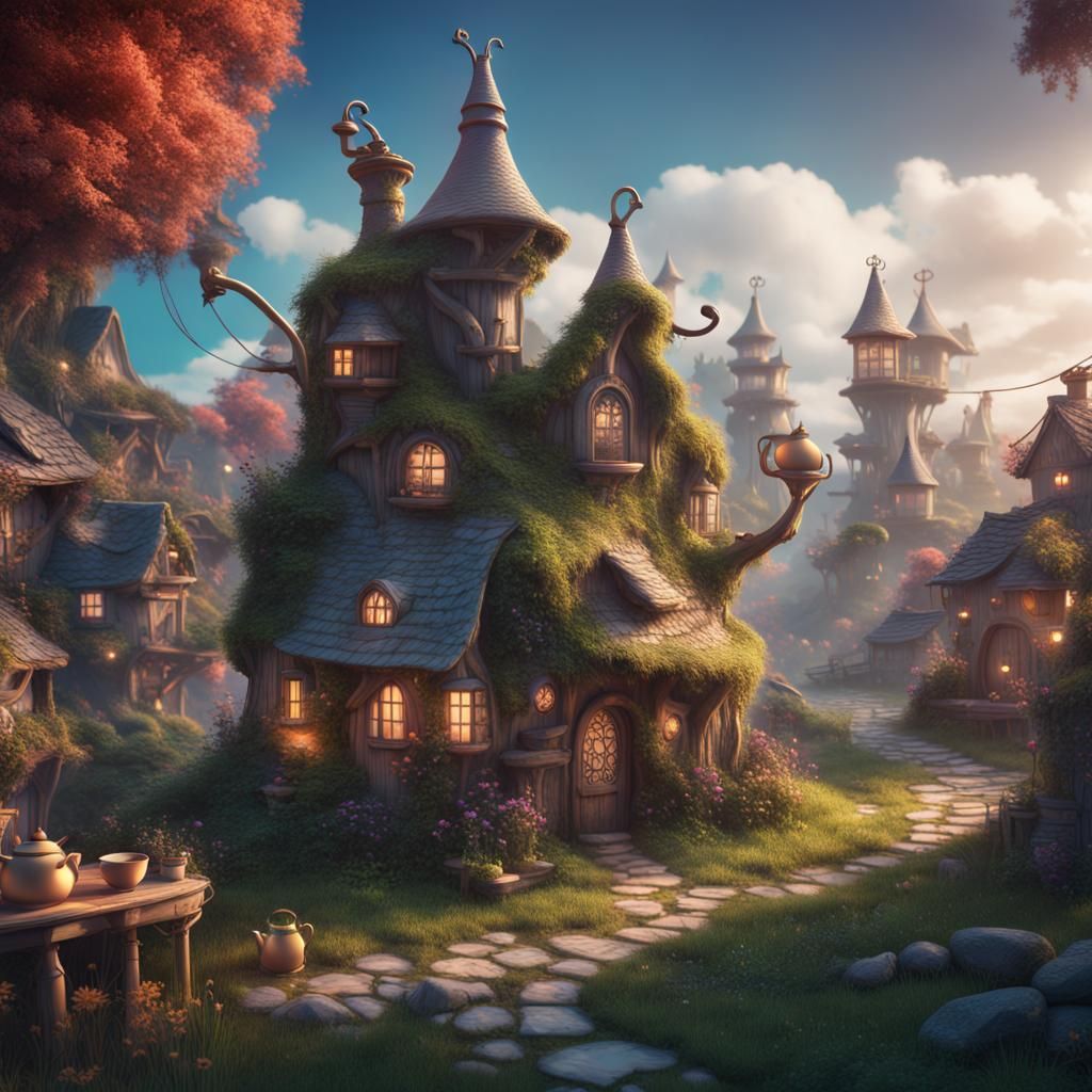 Enchanted Teapot Village: Detailed Fantasy Art