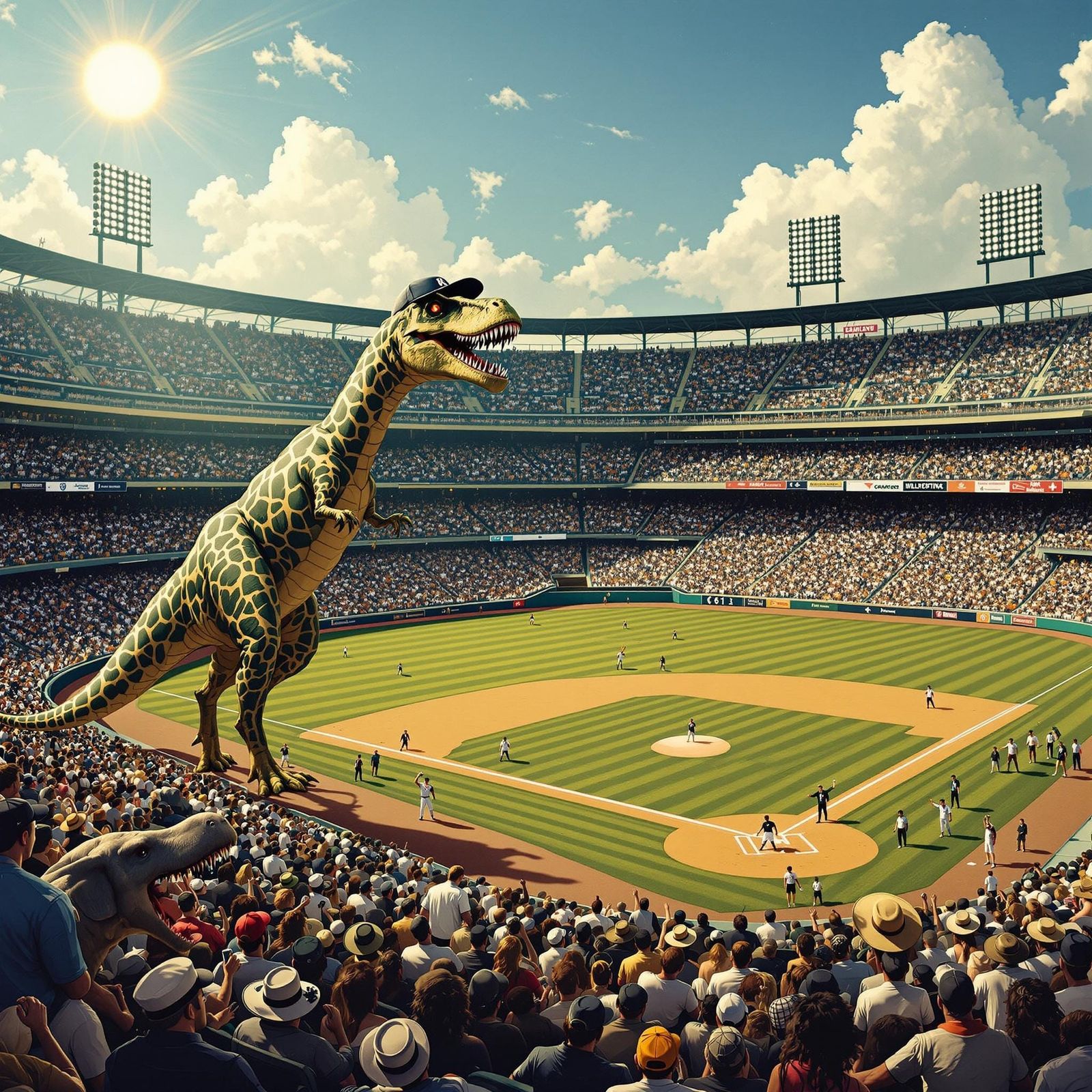 Baseball Rivals Clash in Vibrant Prehistoric Stadium