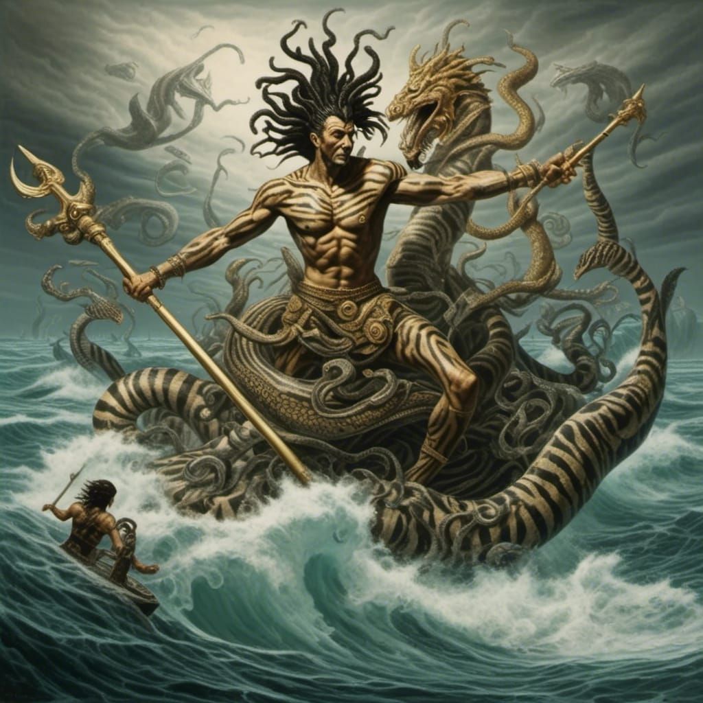 Poseidon Battles Sea Serpents in Zebrapunk Style