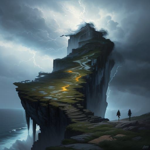 Young Woman on Cliff Edge in Stormy Splash Art