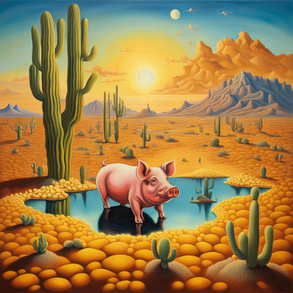 Surreal Pig Swimming in Desert Landscape