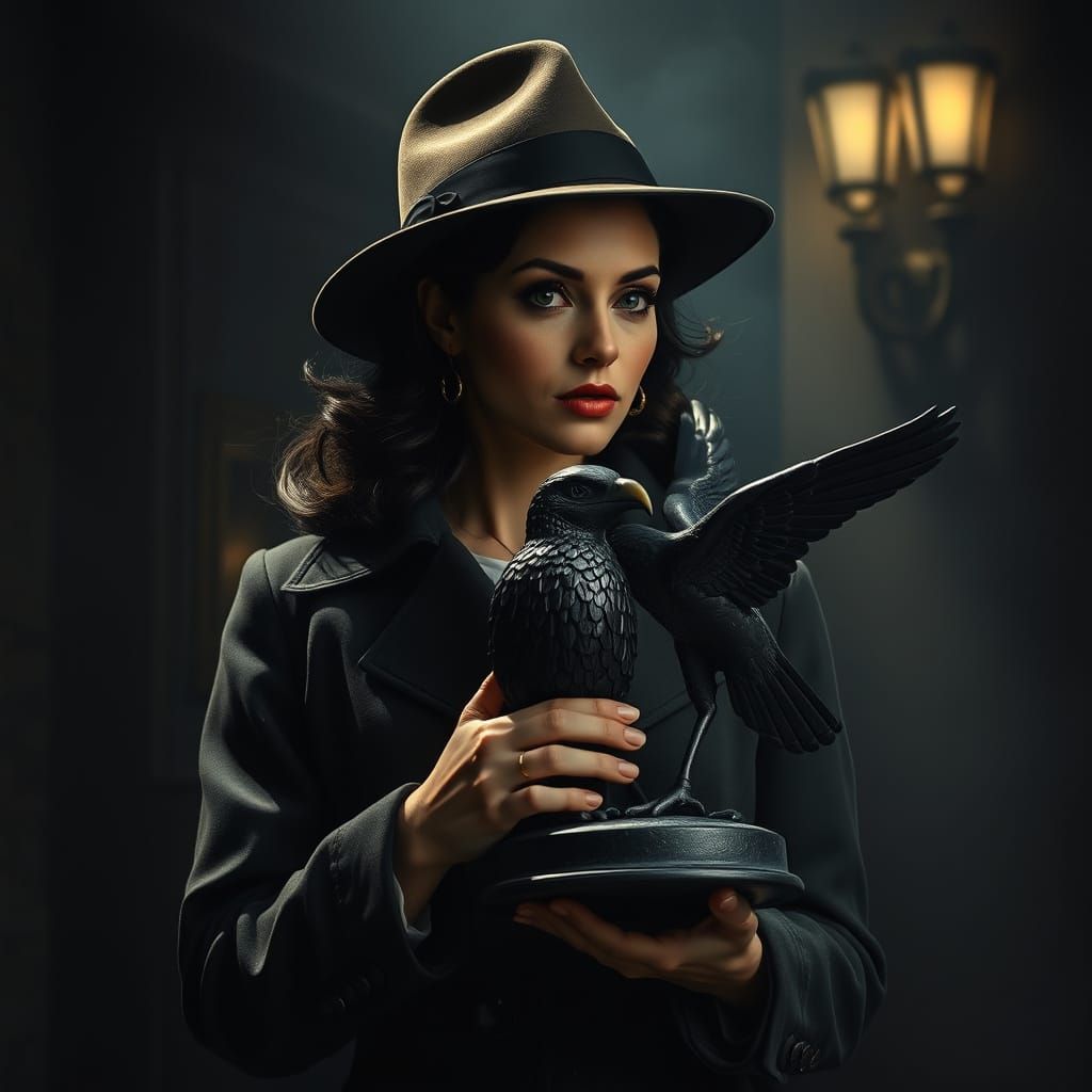 Woman in Film Noir Style, Holding the Maltese Falcon