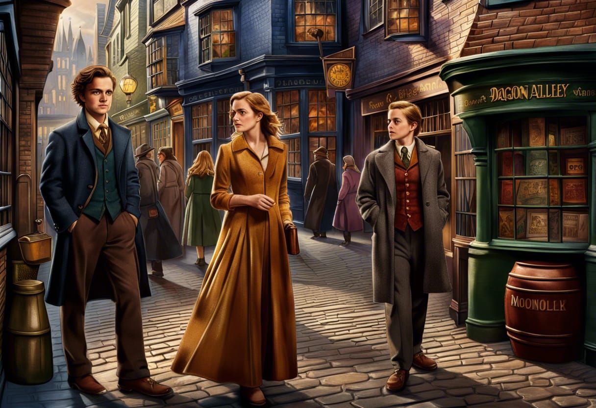 Vibrant Diagon Alley Scene in Comic Book Style