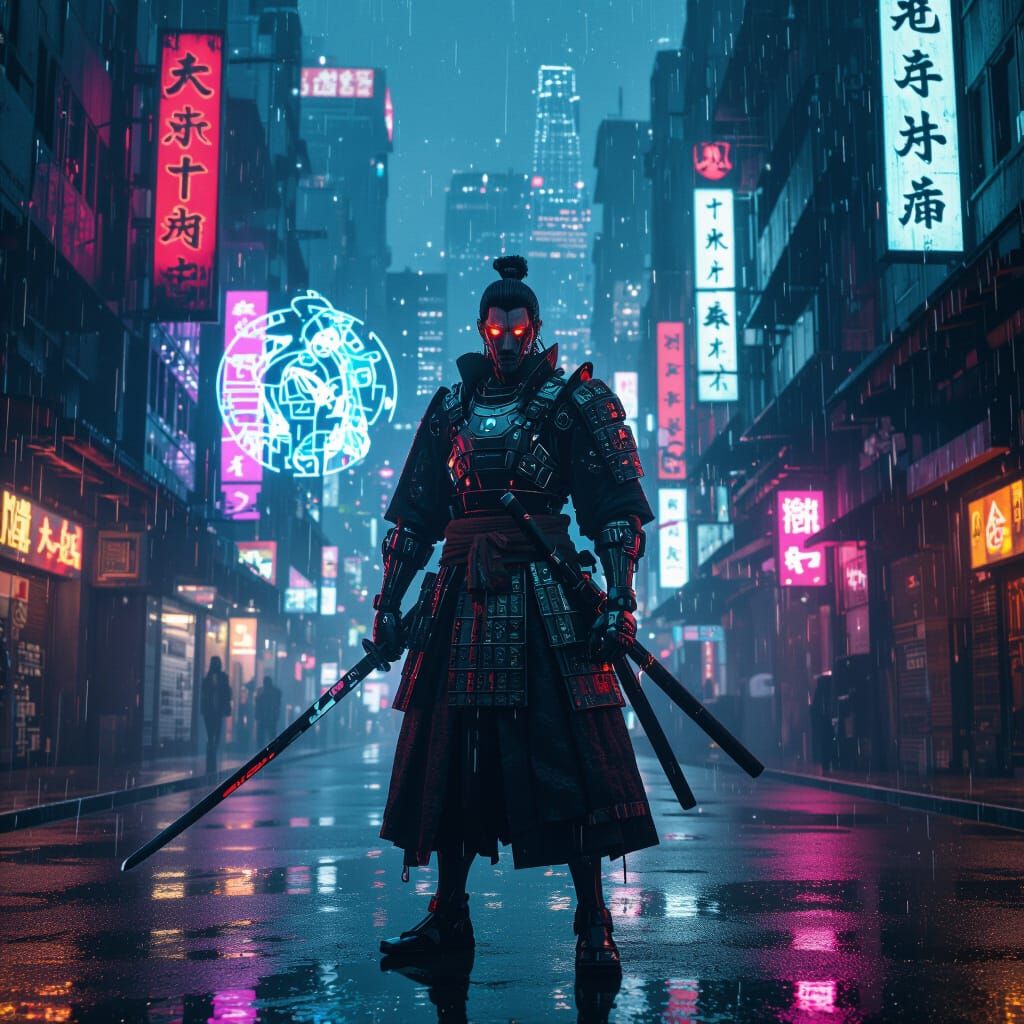 Cyberpunk Samurai Warrior on Neon Street in Anime Style