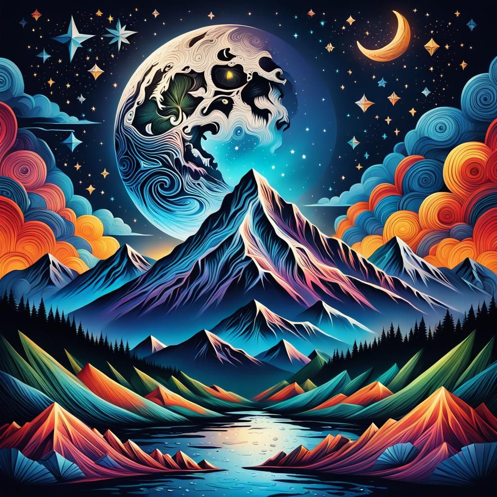 Tribal Pattern Moonlit Mountain Landscape