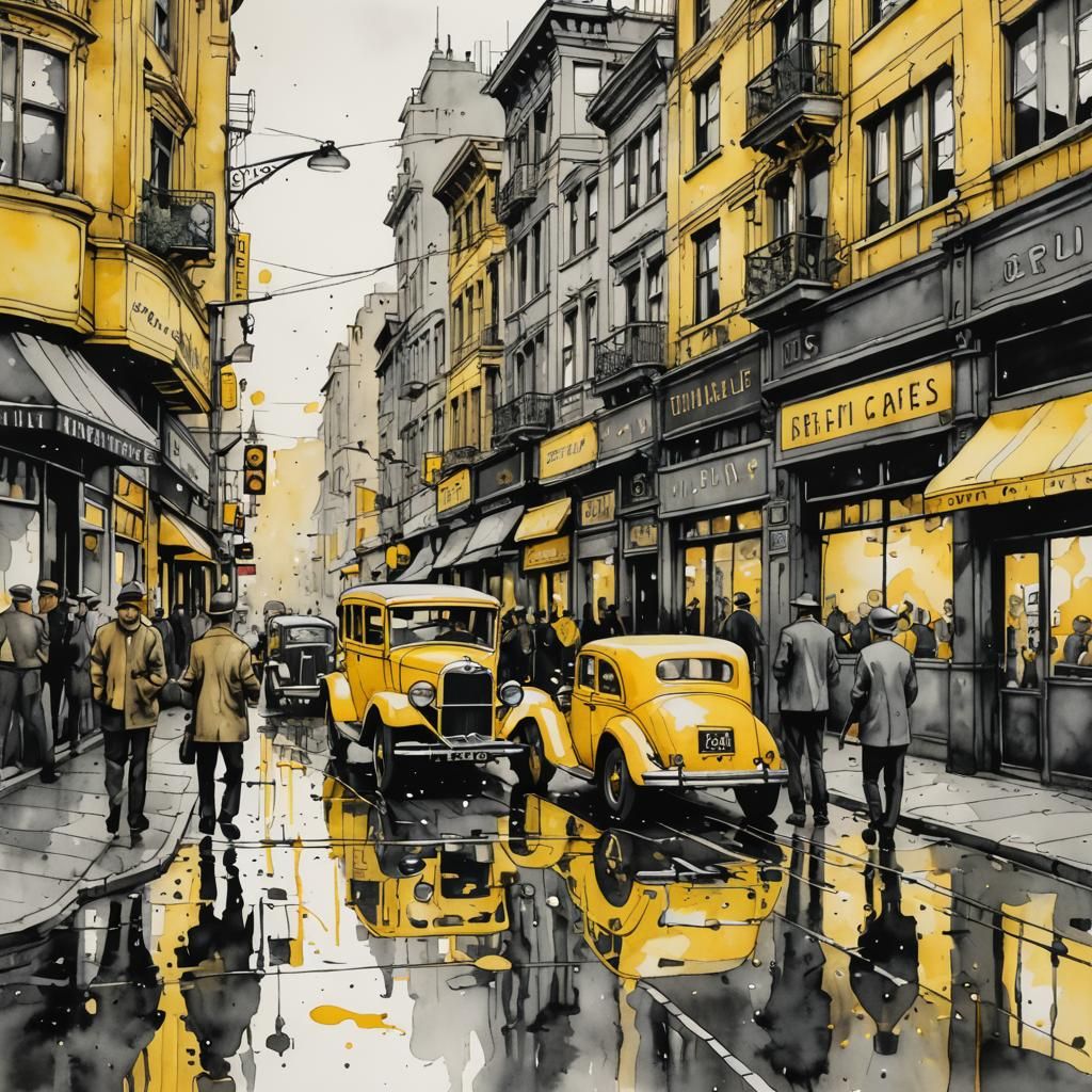 1920s Street Scene in Watercolor Style