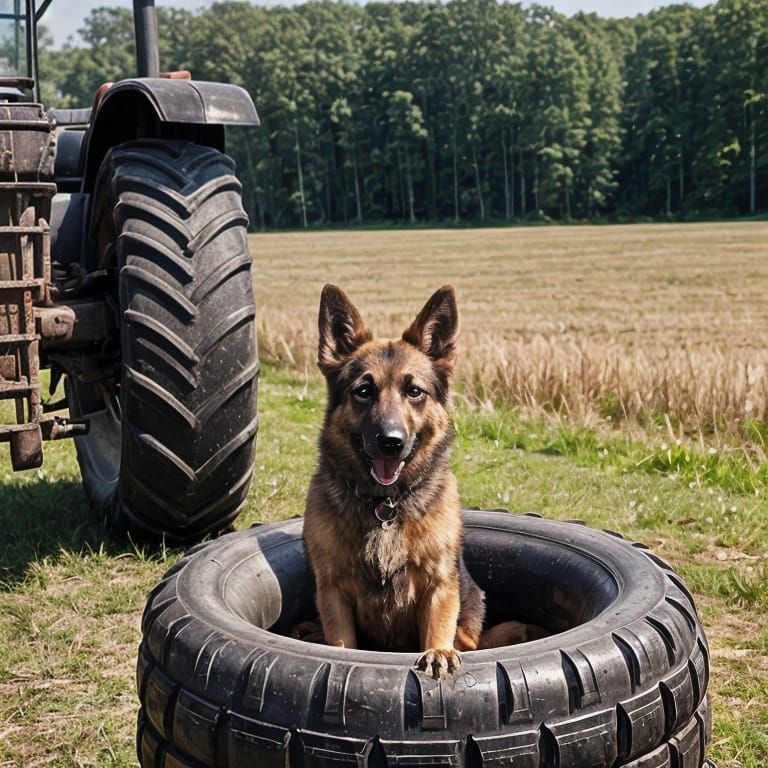 German Shepherd Balances on Tractor Tire