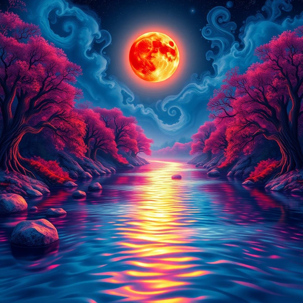 Mystical River Scene with Zentangle Trees and Blood Moon