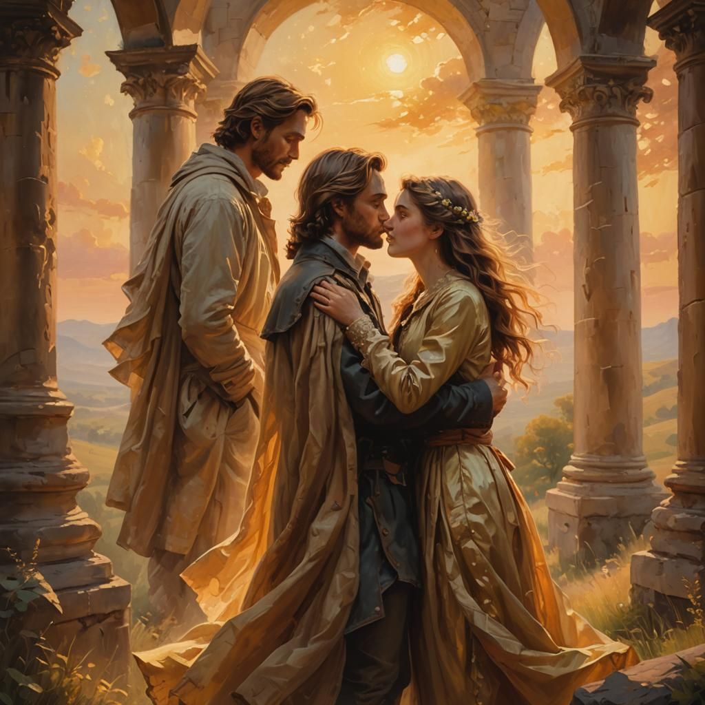 Romantic Couple in Dreamy Landscape Oil Painting