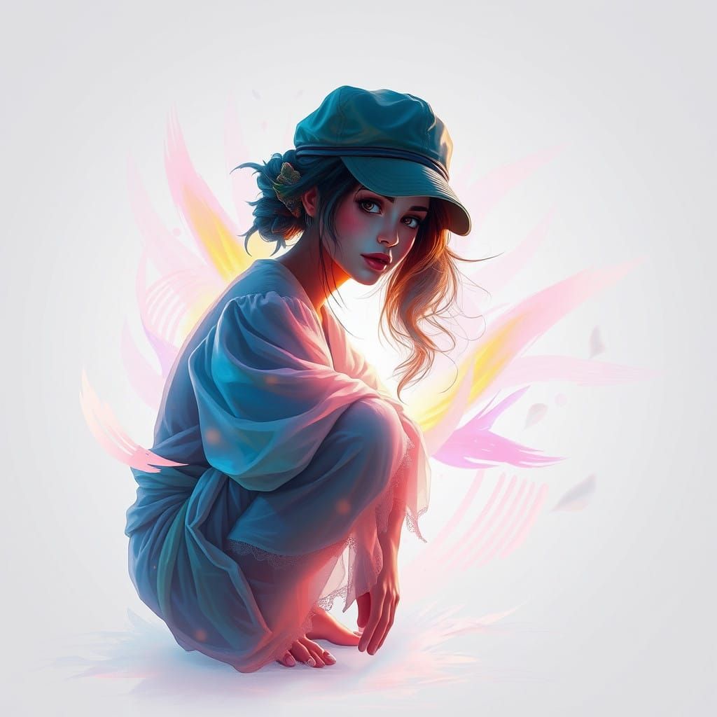 Mystical Lady in a Squatting Pose, Illuminated by High-Contr...