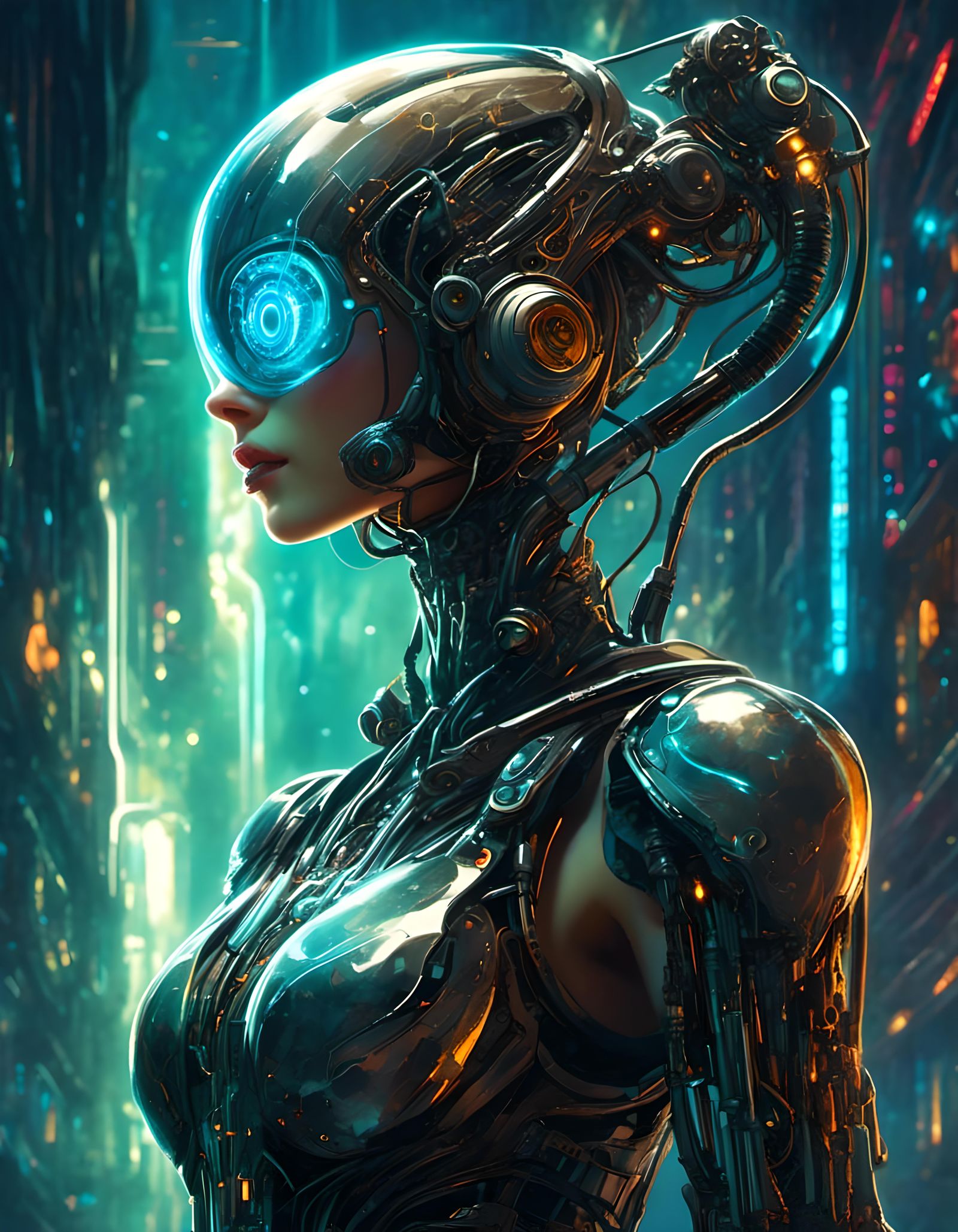 Futuristic Cyborg Overlooking Neon Cityscape