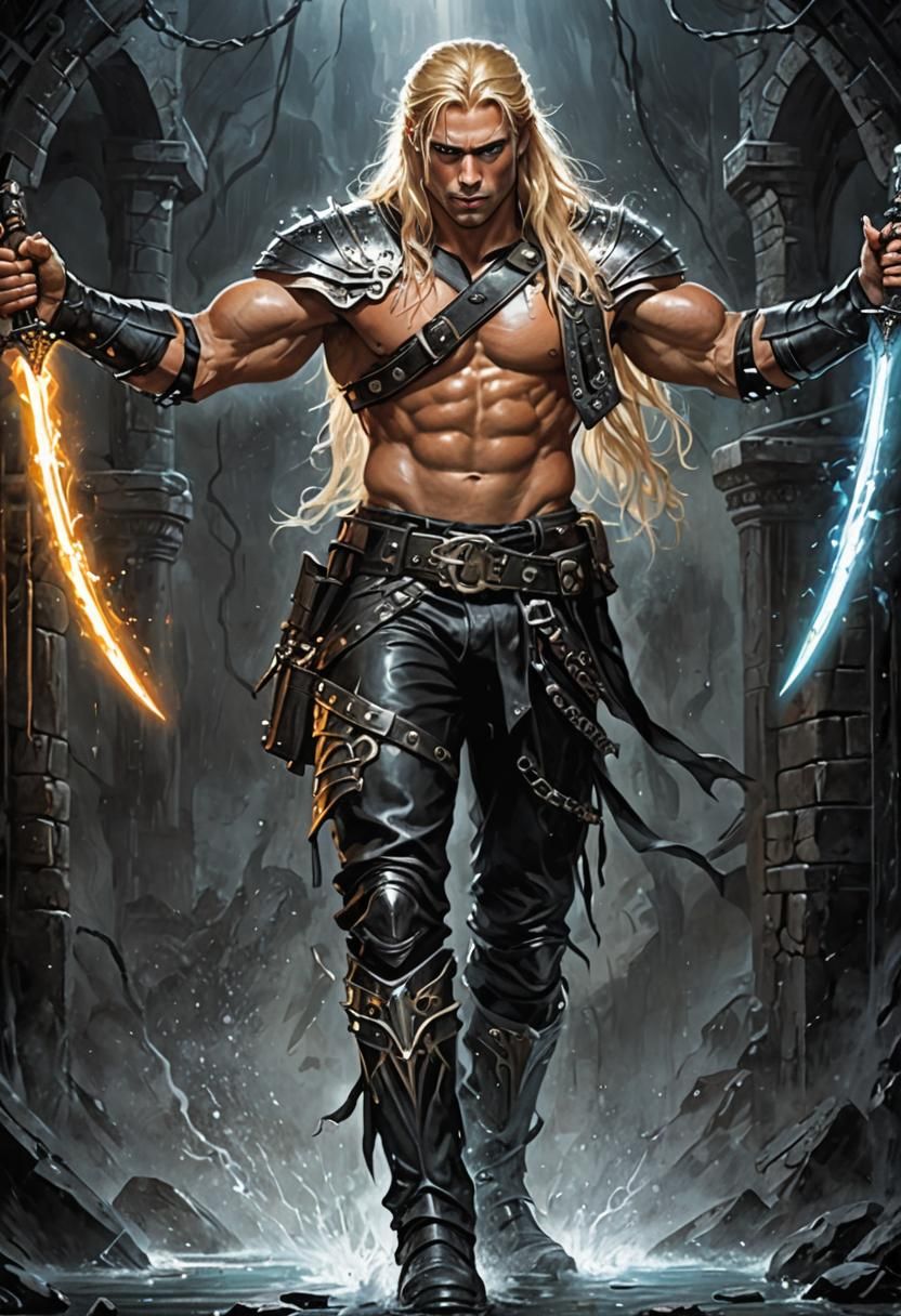 Young Warrior with Plasma Swords in Aqueduct