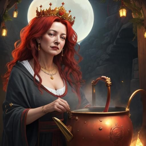 Renaissance Yule Witch Portrait with Cauldron