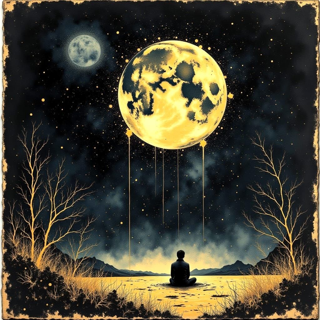 Celestial Embrace: Kissing the Moon in Divine Oil Style