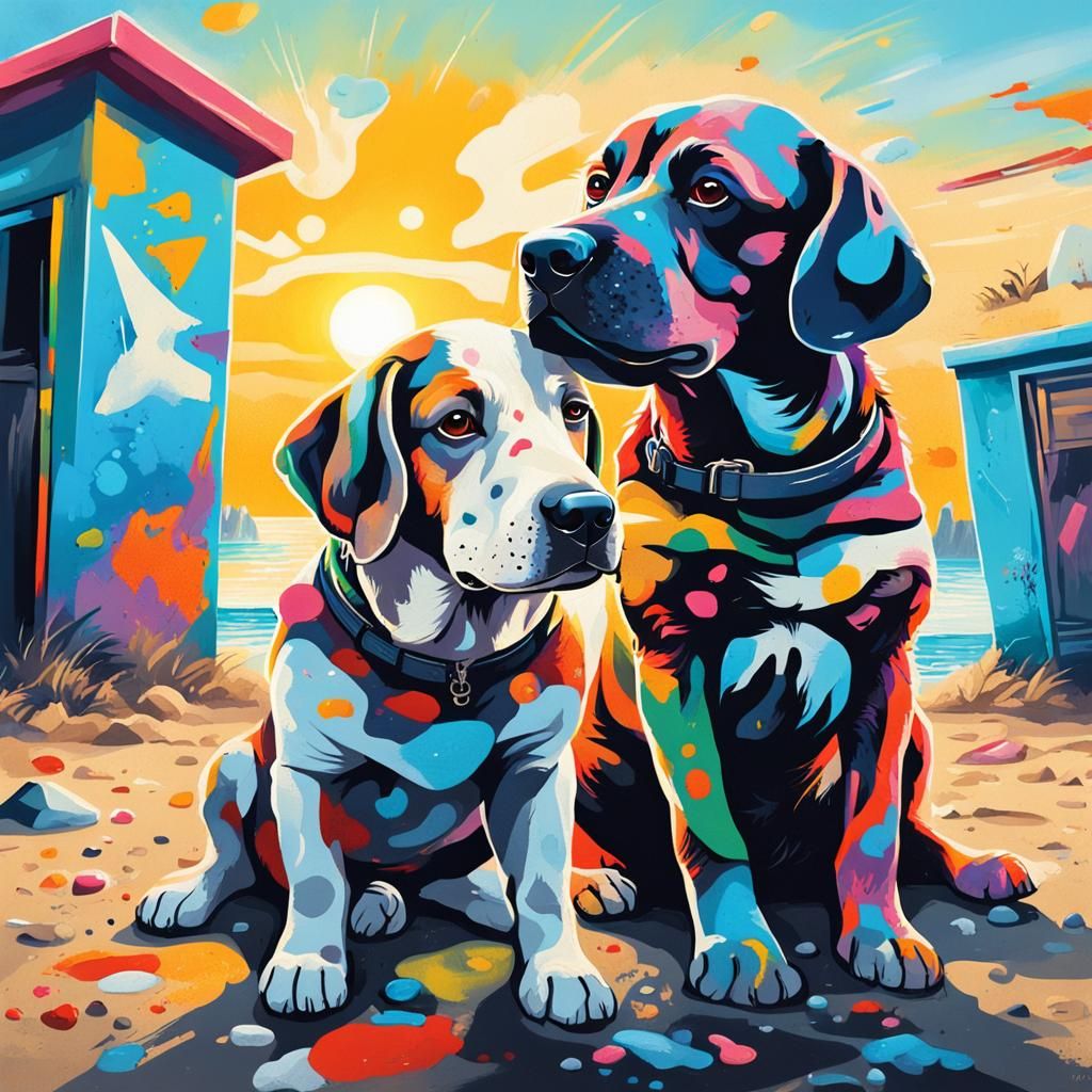 Two Cute Dogs Hugging on a Sunny Beach