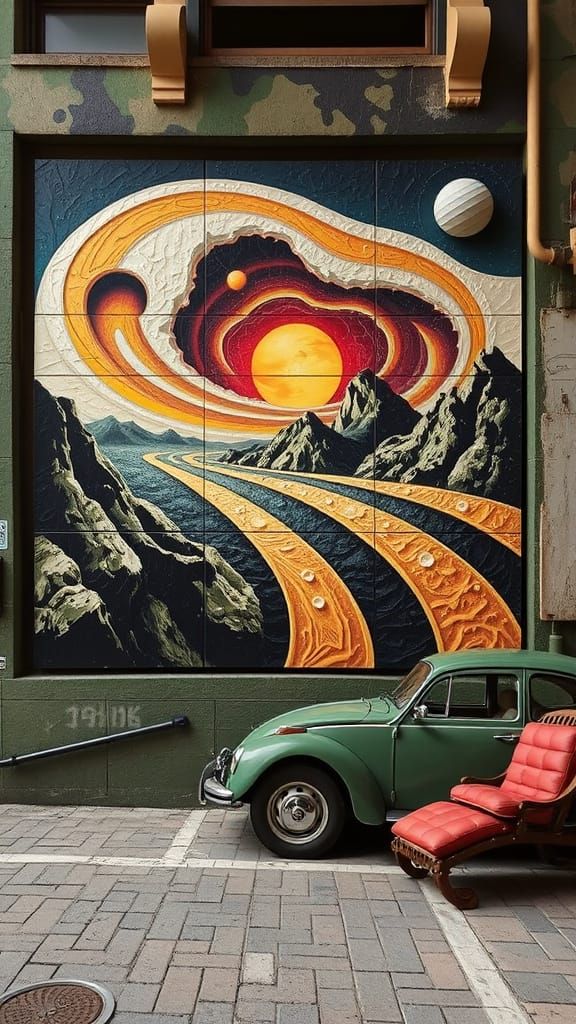 Op Art Mural: Isometric Landscape with Dynamic Movement