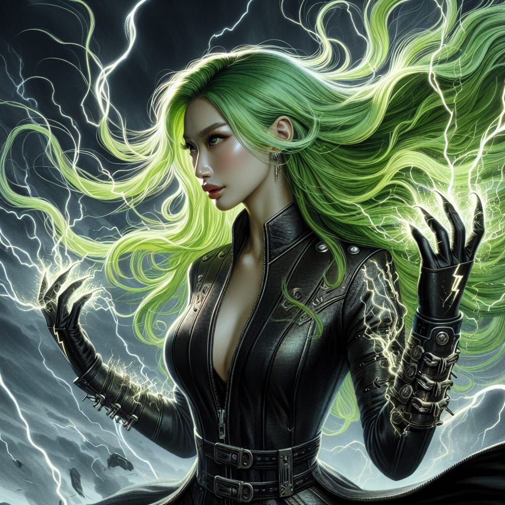 South Asian Elementalist Controls Lightning in Ukiyo-e Style