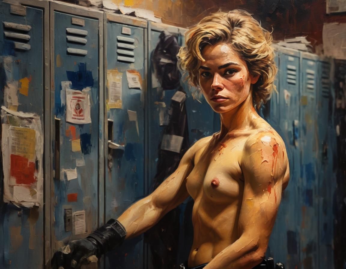 Shirtless police woman in the locker room at work