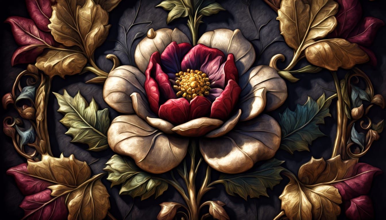 Close Up Tudor Rose Motif in Moody Fantasy Art Style