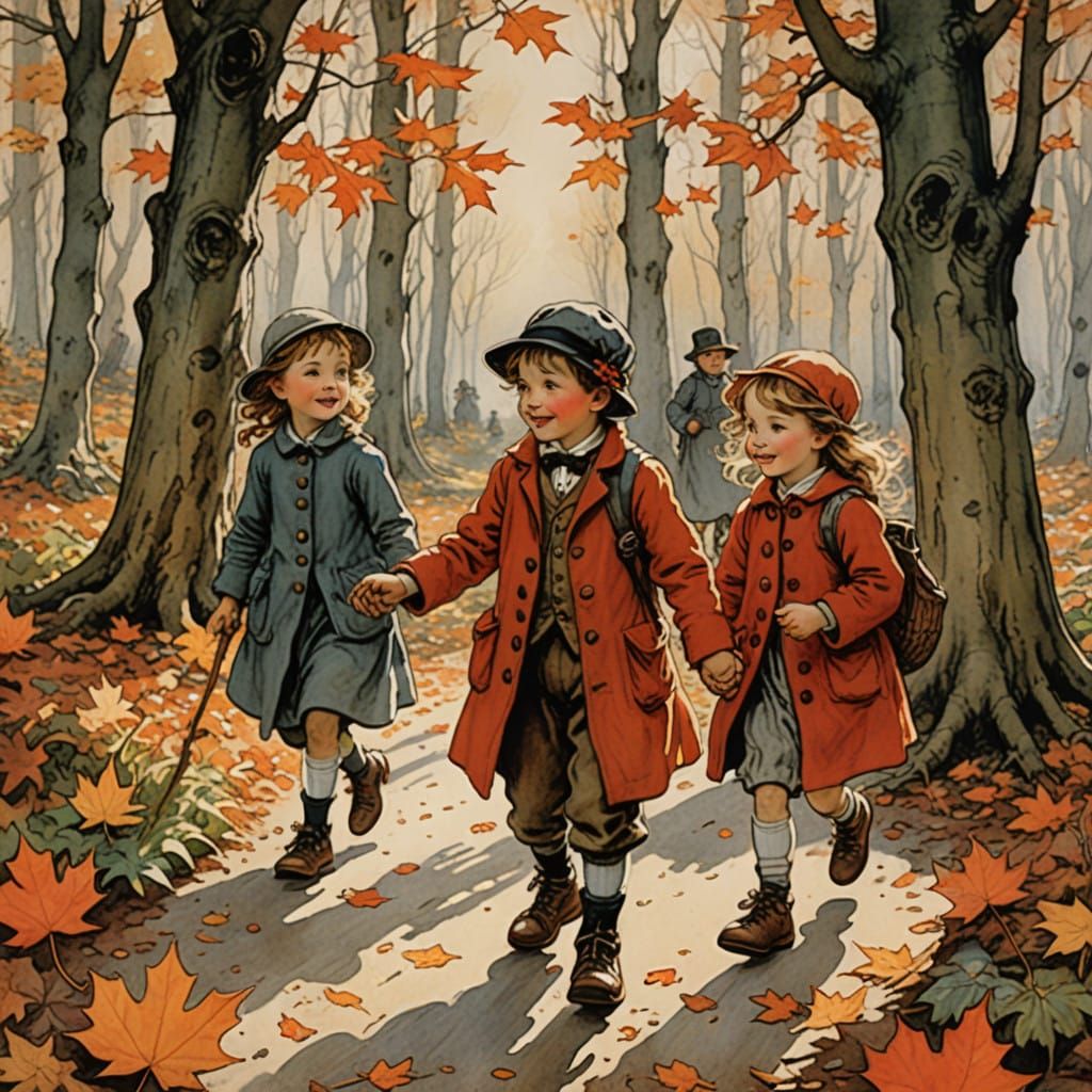 Autumn Whimsy: Children's Joy in a Maple Leaf Forest