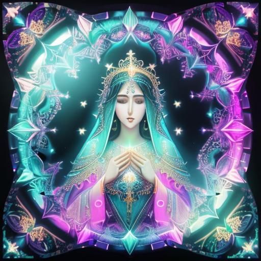 Holy Virgin Mary with Gemstones in Black Light