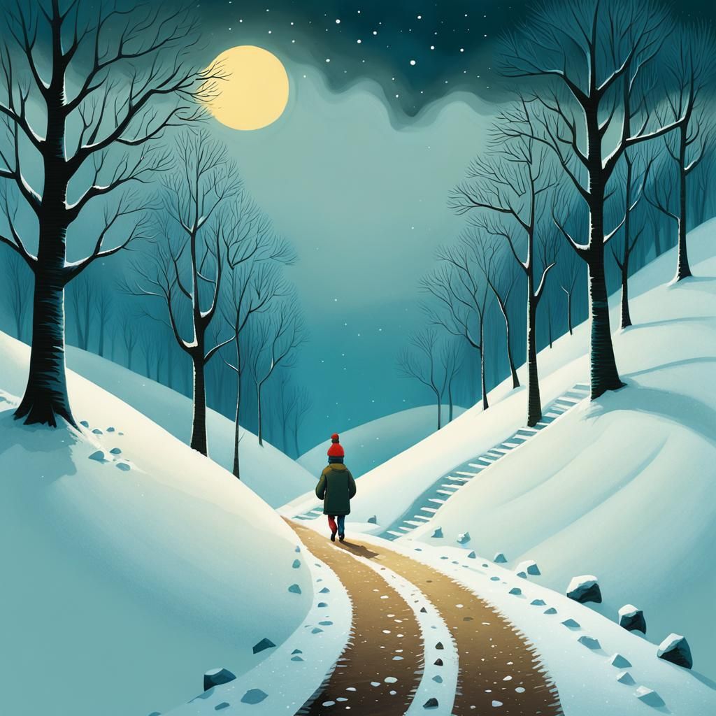 Boy on Snowy Path: Atmospheric Children's Illustration