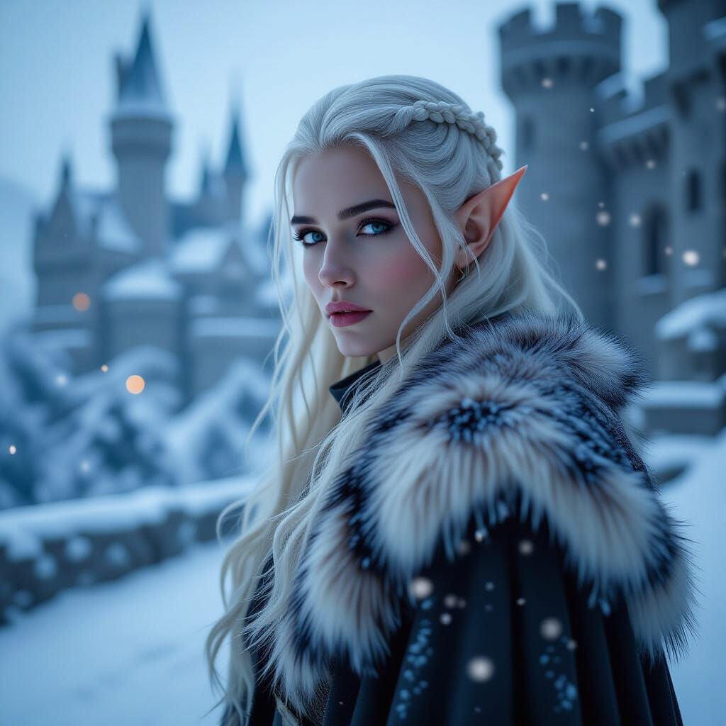 Photorealistic Snow Elf Before Winter Castle