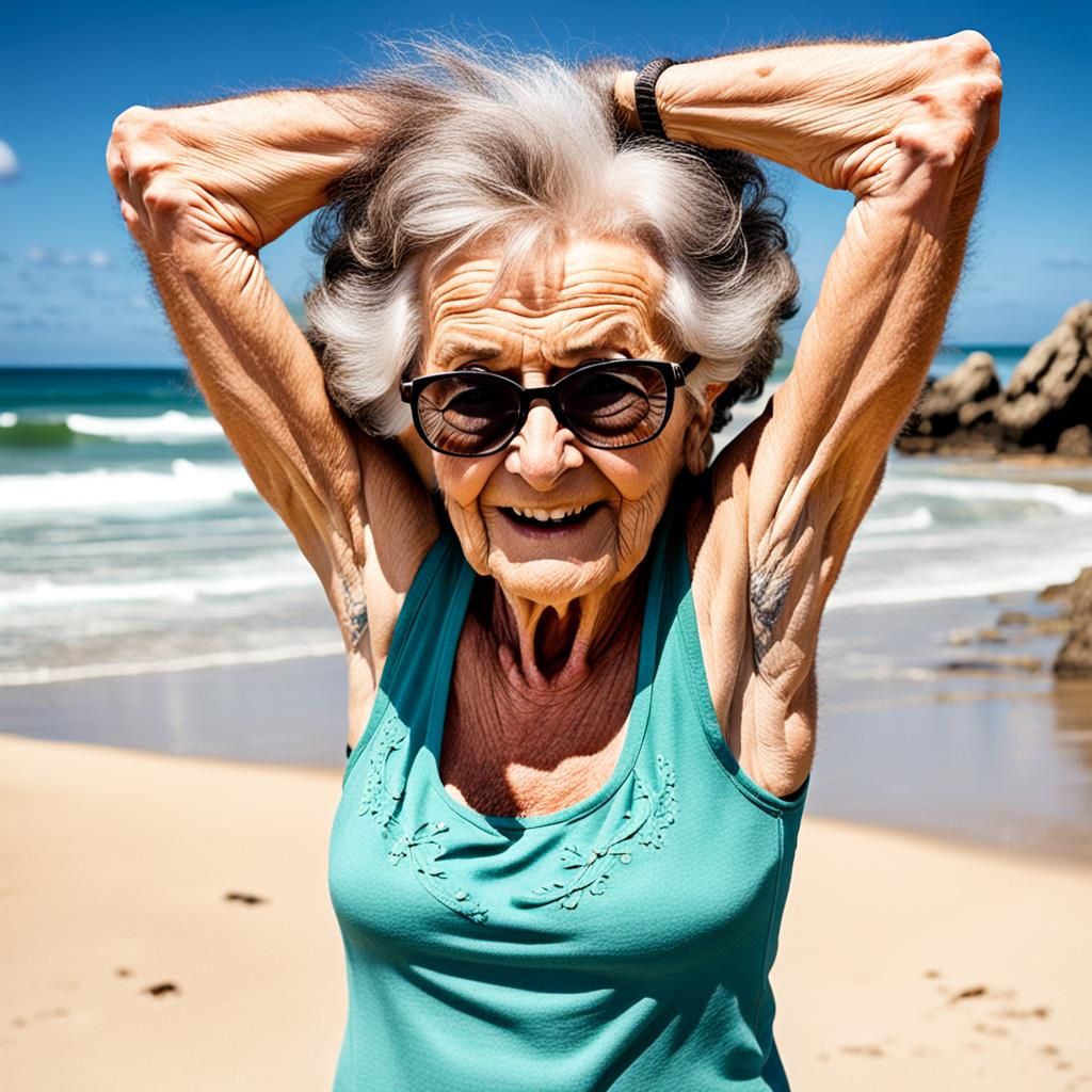 Granny with Hairy Armpits on a Beach