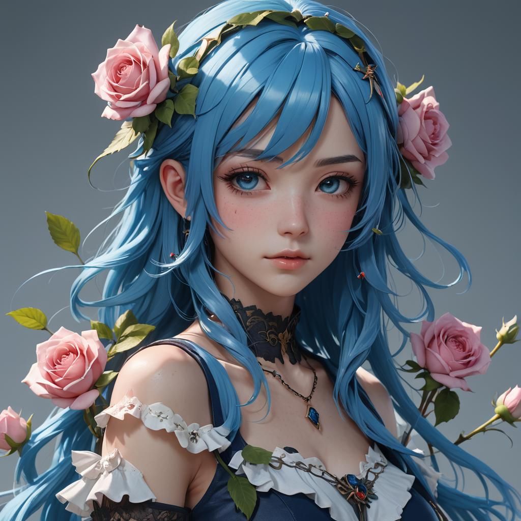 Blue Haired Rose in 3D Anime Art