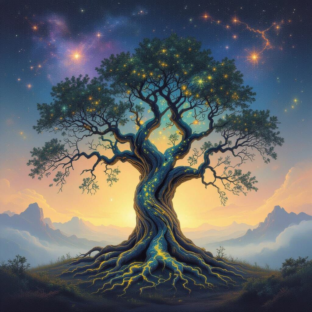 Ancient Cosmic Tree Reaching Towards Nebulae in Mystical Rea...