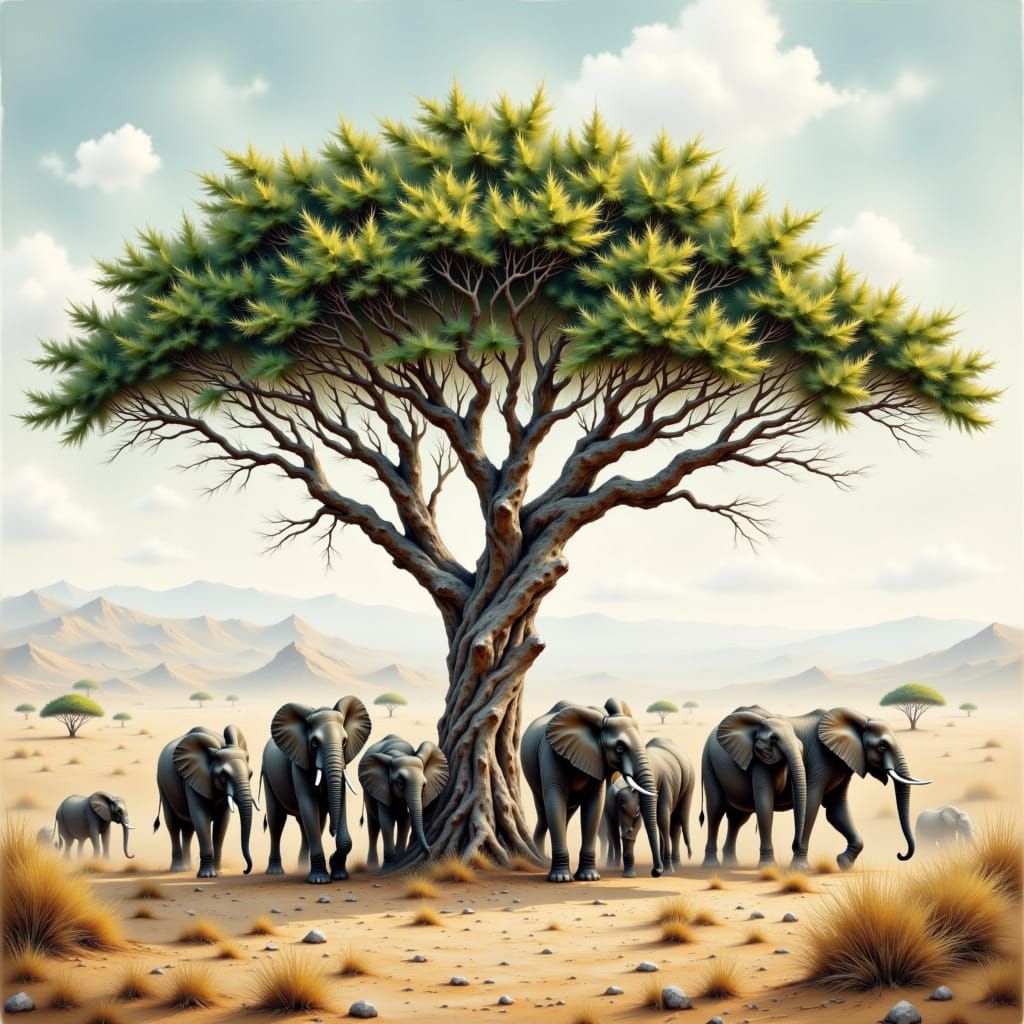 Elephants Seeking Shelter in Desert Landscape