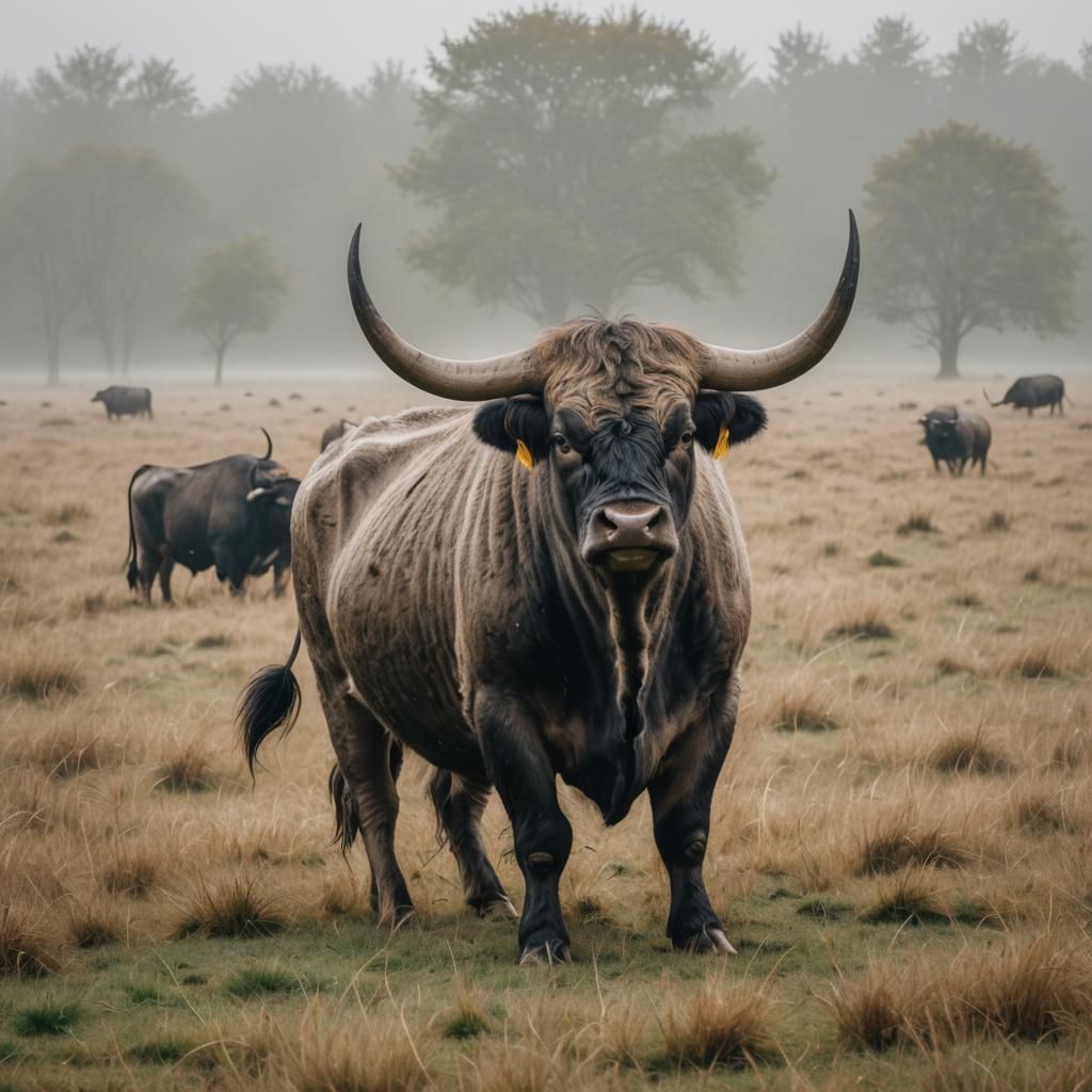 Majestic Aurochs Bull in Foggy Field