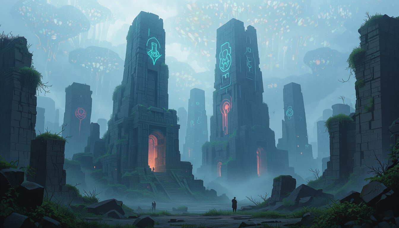 Alien City Ruins Reclaimed by Bioluminescent Flora