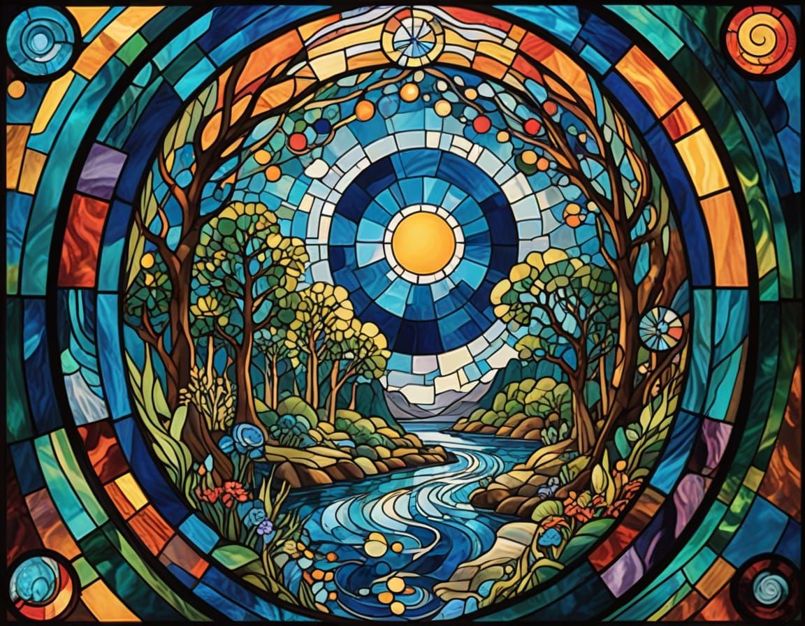 Hypnotic Stained-Glass Dreamscape in Surreal Style