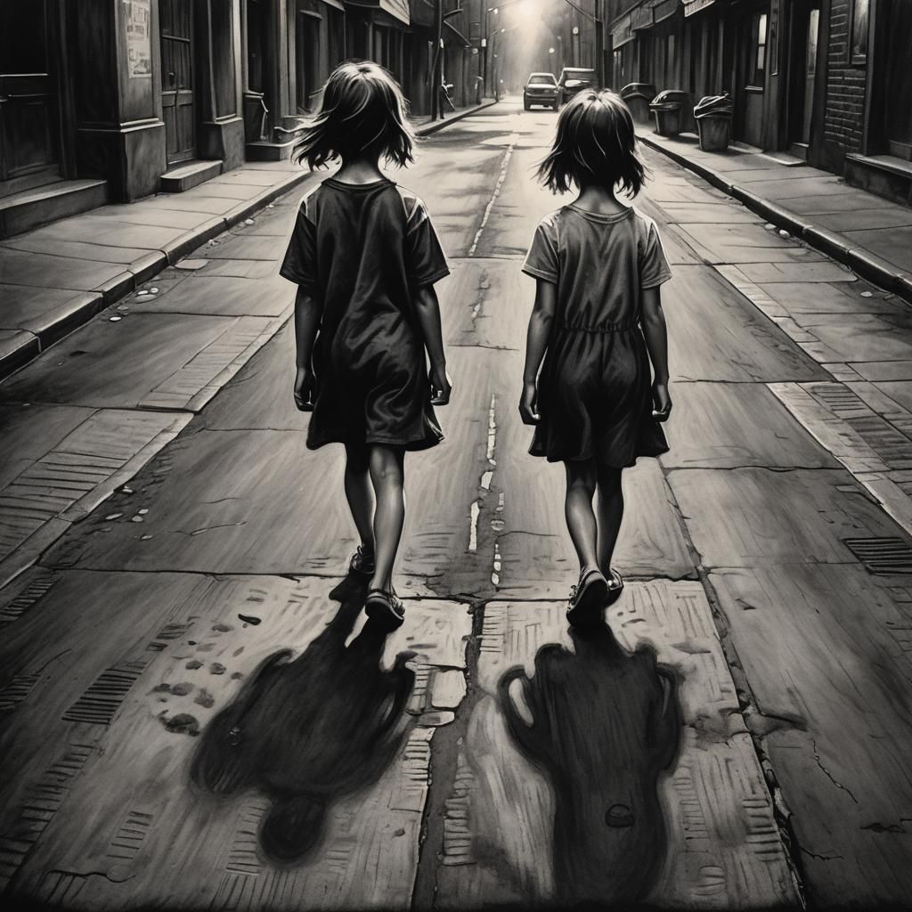 Moody Charcoal Drawing of Girl Walking Barefoot