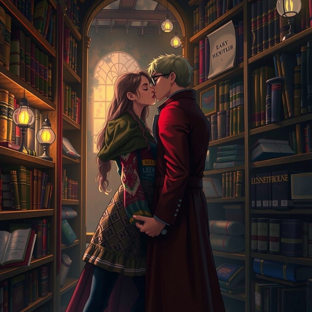 Young Couple Shares a Whispers Kiss in a Cozy Library Settin...
