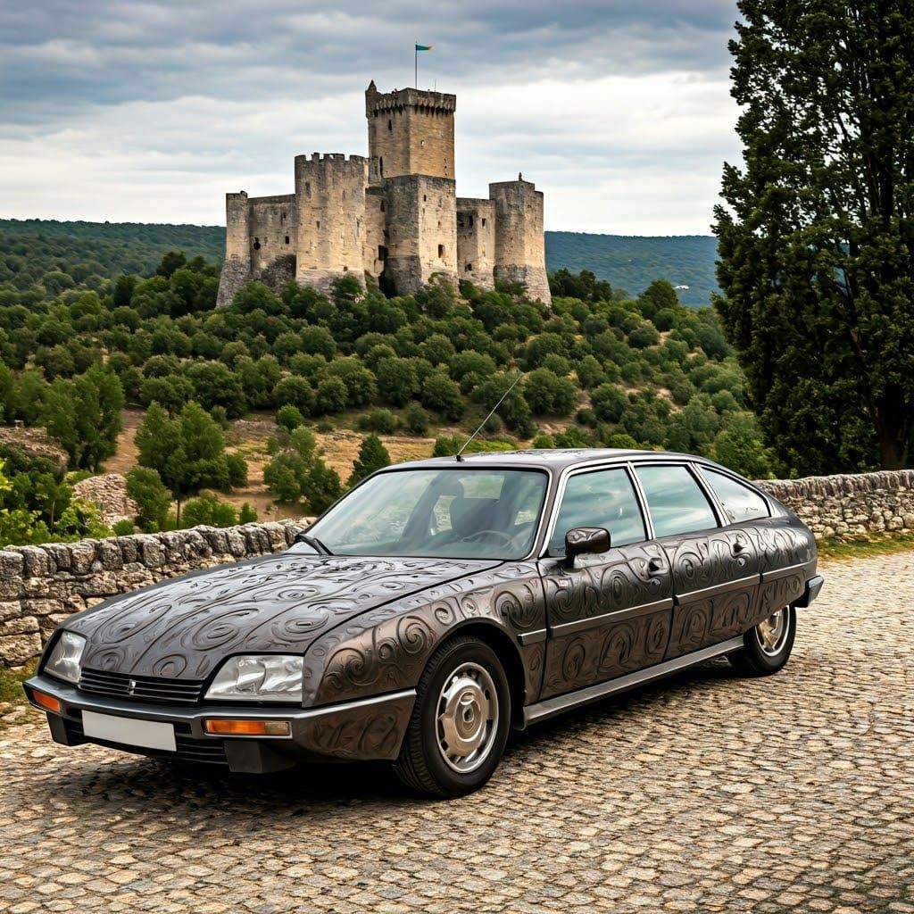 Surreal French Classic Car in Castle Landscape with Ironwork