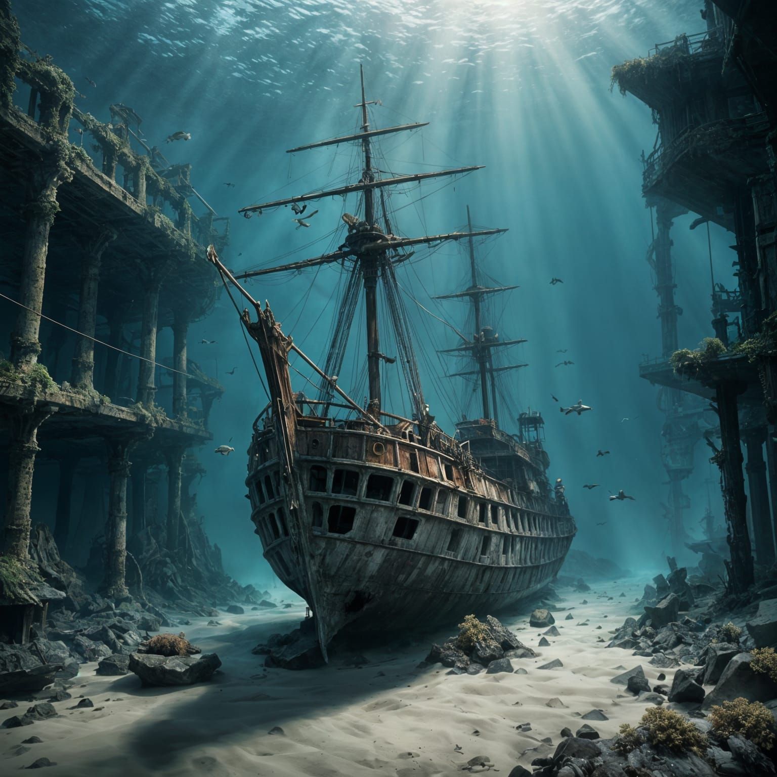 Majestic Shipwreck on Ocean Floor, Underwater Film Still