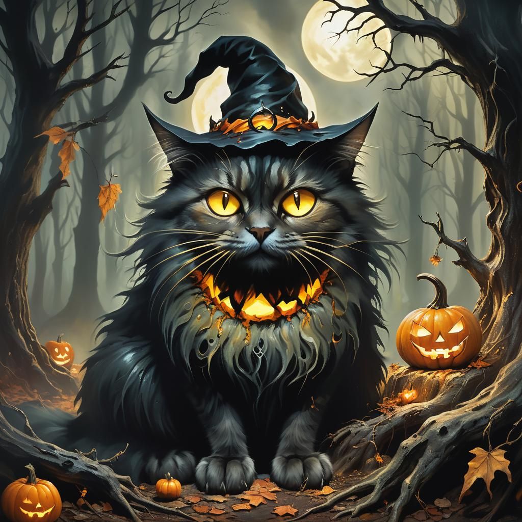 Witch Cat and Melting Pumpkin in Surreal Forest
