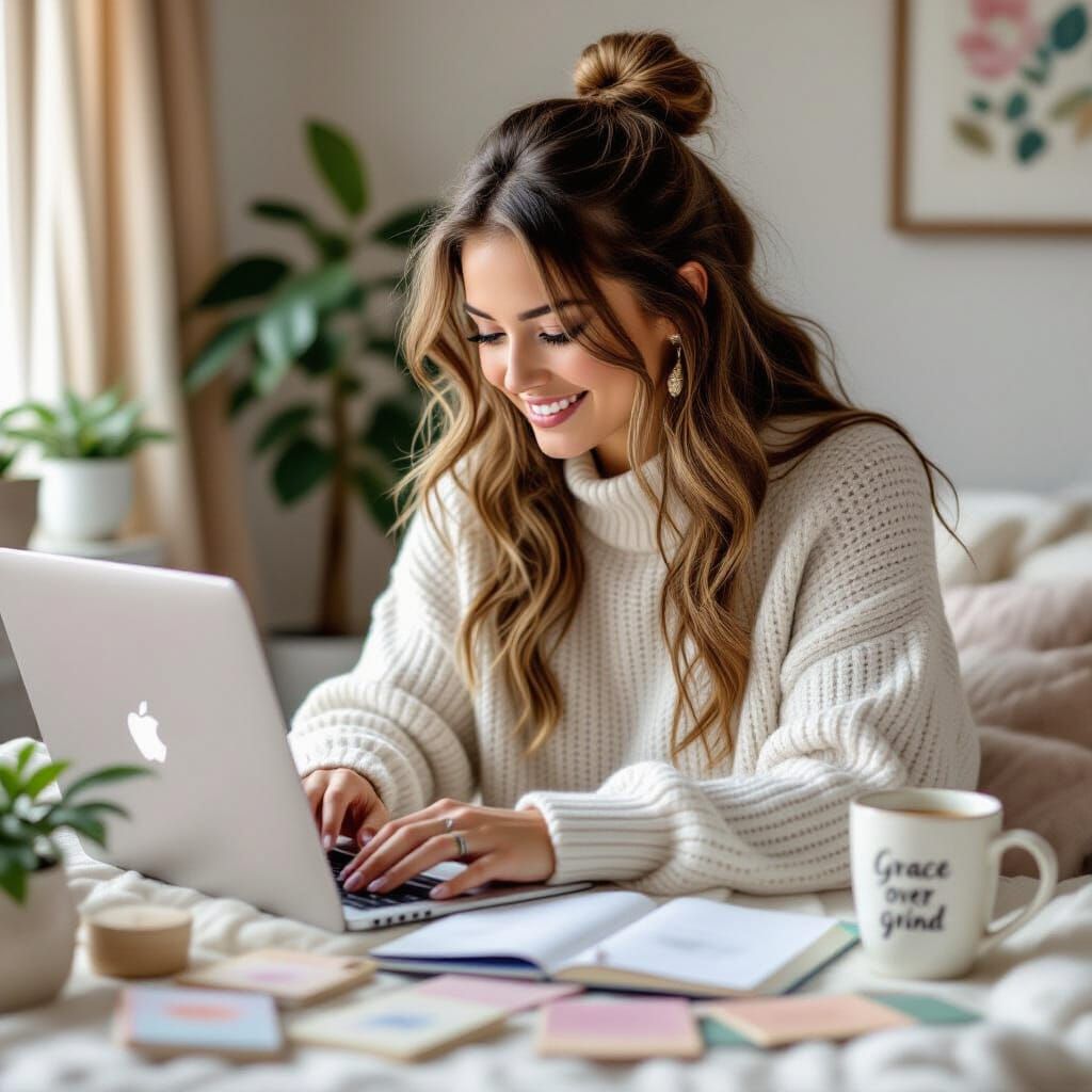 Girl Designs Flyers in Hyperrealistic Style