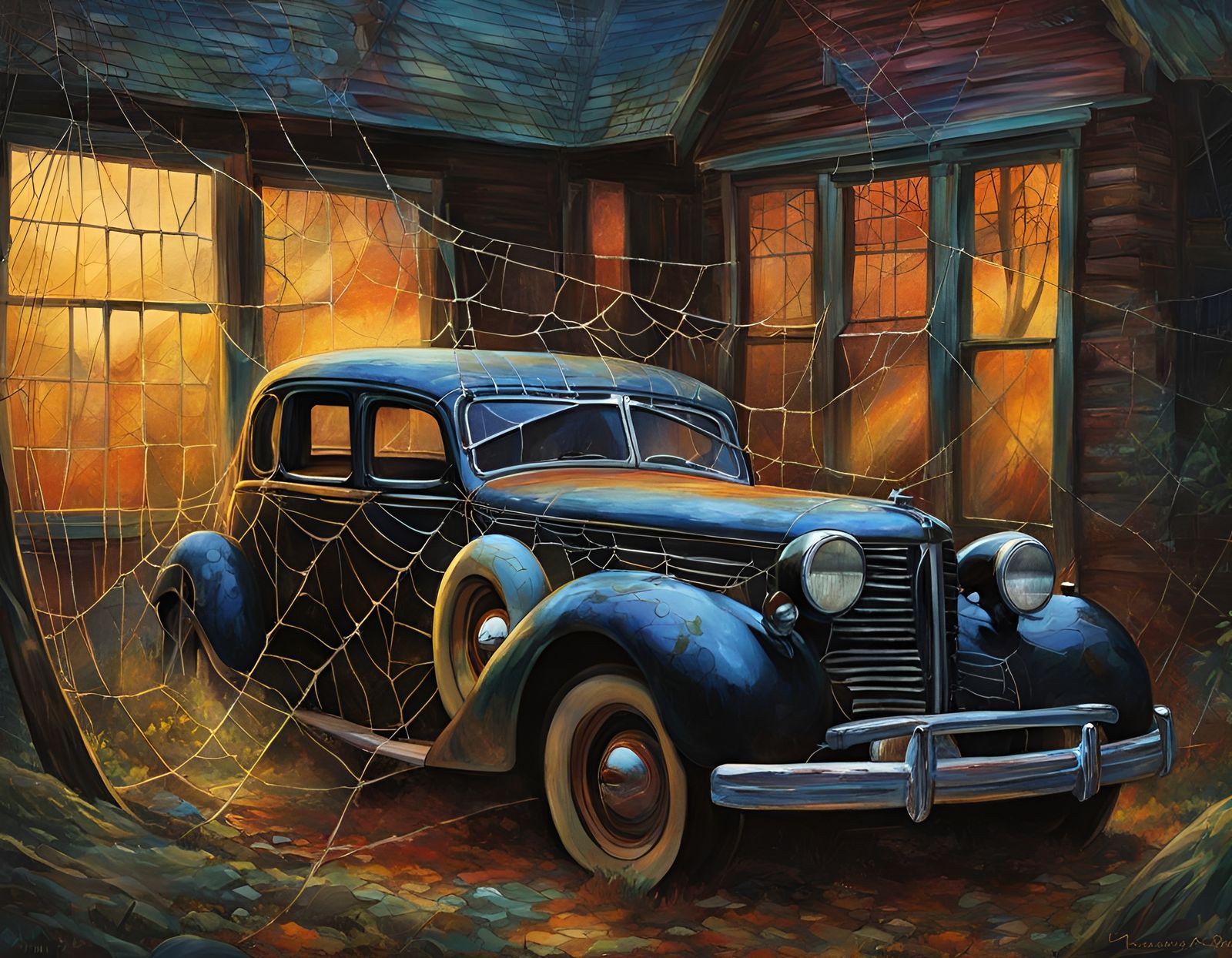 Dystopian Shack with Spiderwebs in Watercolor Style