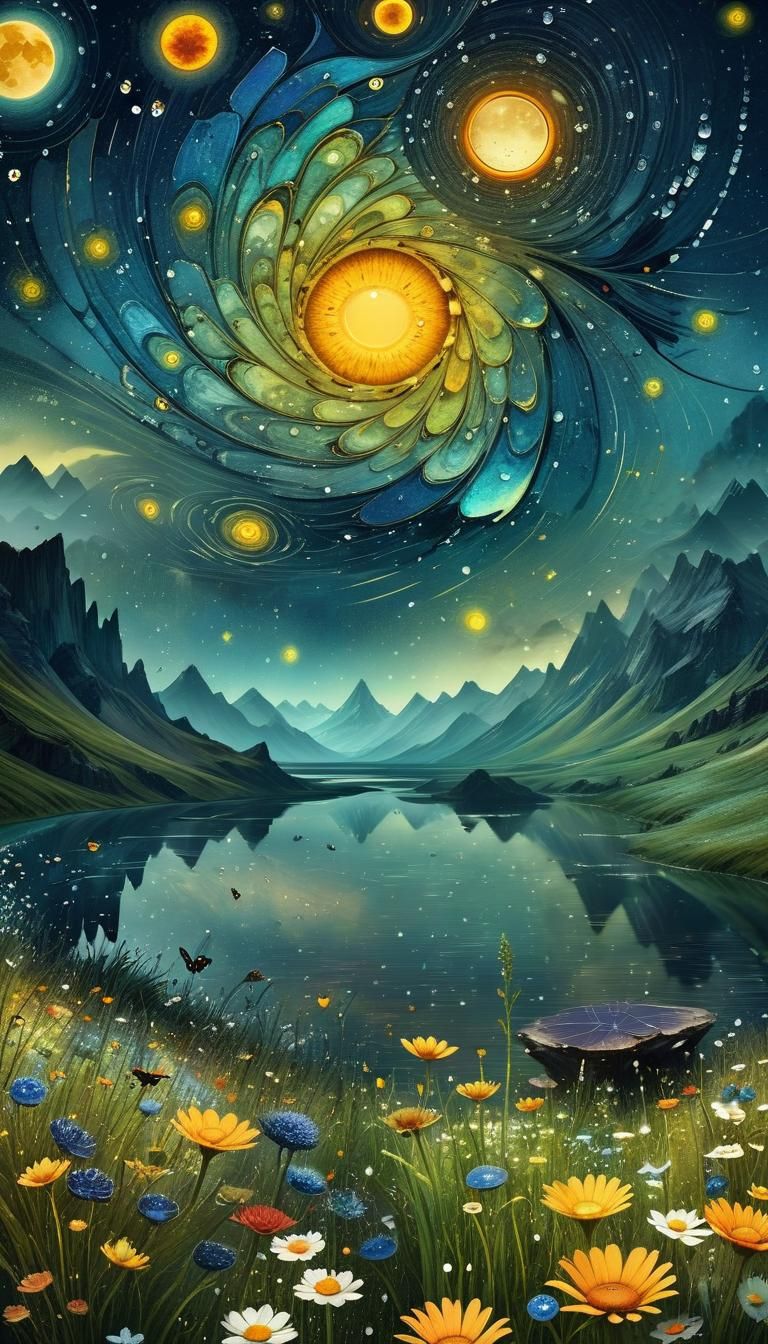 Surreal Flower Meadow Landscape in Watercolor Style