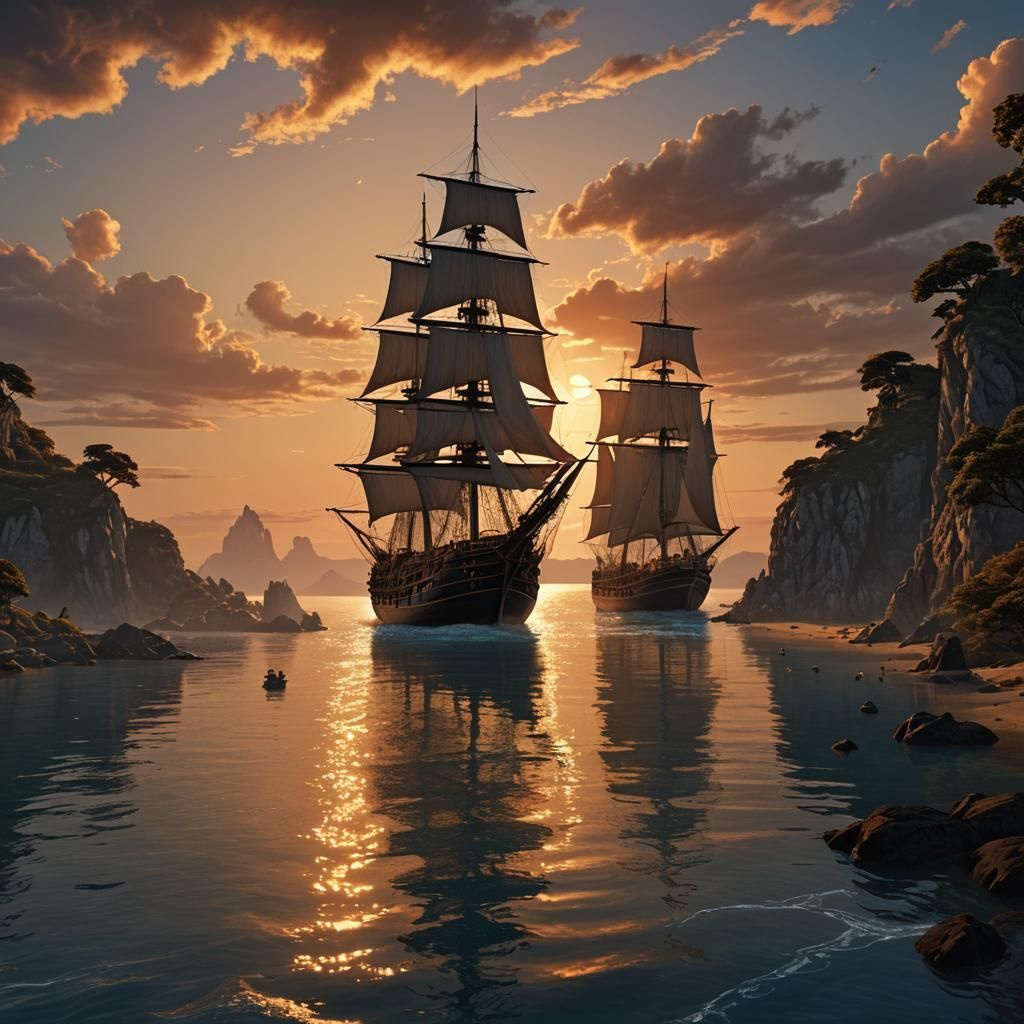 Sailing Ship at Sunset: Fantasy Concept Art