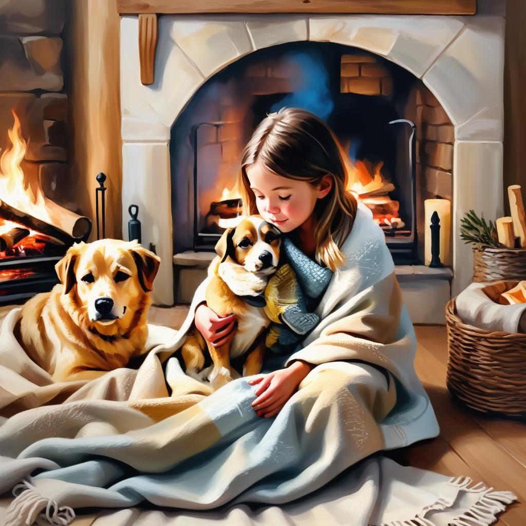 Toddler and Dog by Fireplace: Dreamy Winter Scene