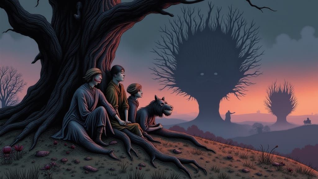 Apprehensive Figures Behind Ancient Tree Looming Shadows