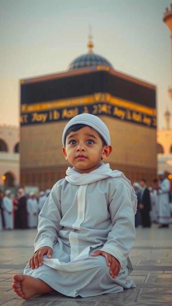 Innocent Muslim Boy in Ihram Before Kaaba in Makkah