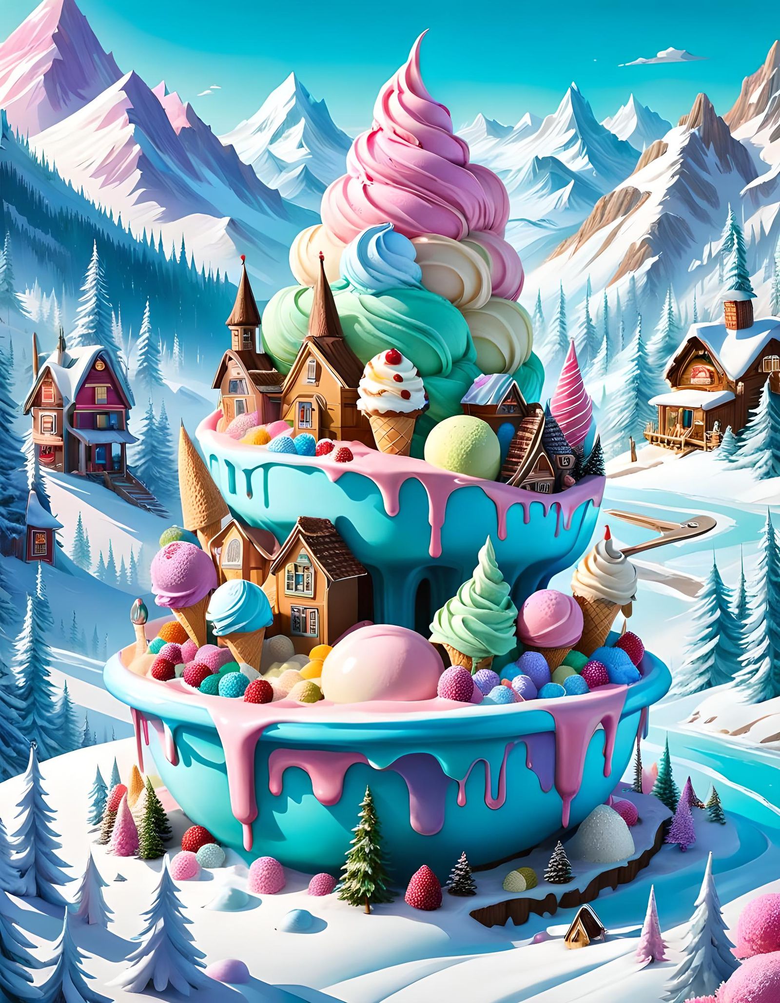 Fantasy Ice Cream Mountain Village with Colorful Toppings