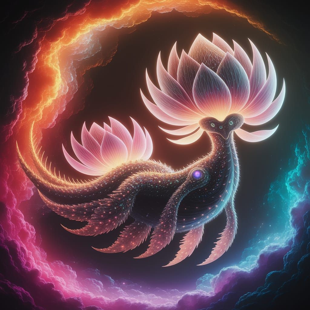 Imagine an alien creature with lotus flower accents graceful...