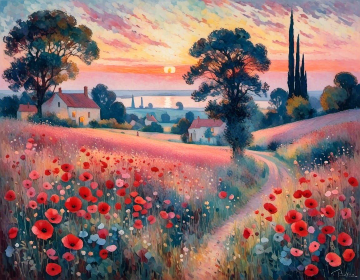 Poppies in Pink Light: A Pointillist Evening